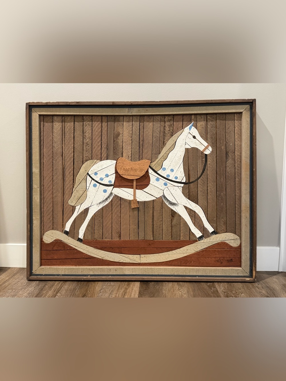 VTG Theodore DeGroot Lath Art Rocking Horse Large Framed Wood Folk Art 37" x 29"